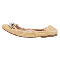 Miu Miu Beige Patent Leather Crystal Embellished Ballet Flats Size 39