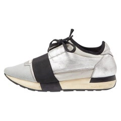Balenciaga Silver/Black Leather and Knit Fabric Race Runner Sneakers Size 39