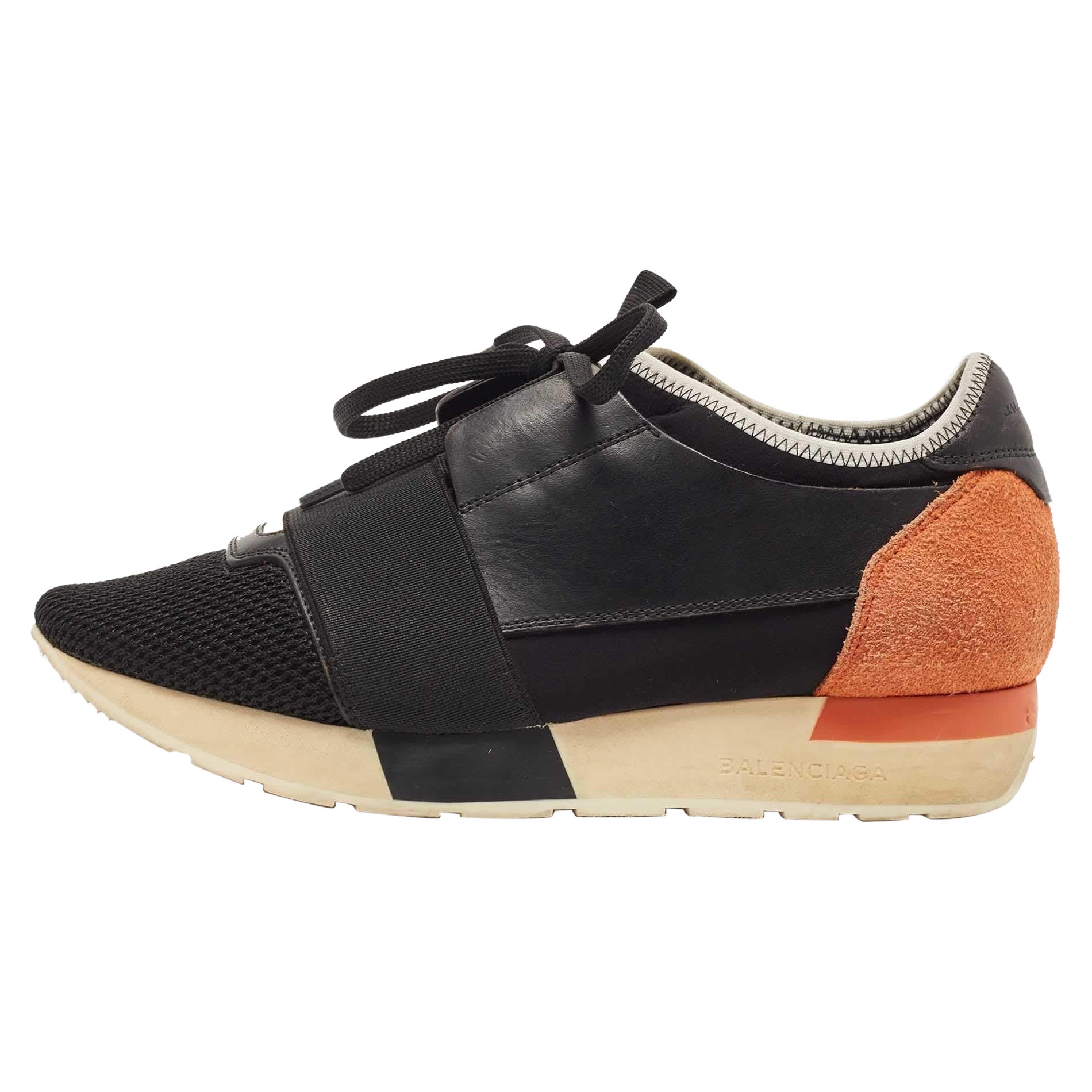 Balenciaga Black/Yellow Leather and Mesh Race Runner Sneakers Size 37 For Sale