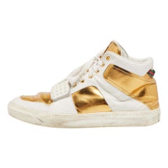 Gucci White/Gold Leather Lace Up High Top Sneakers Size 44
