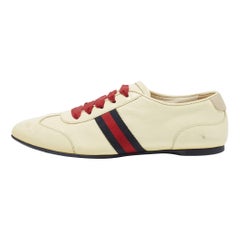 Gucci Cream Patent Leather Web Lace Up Sneakers Size 35