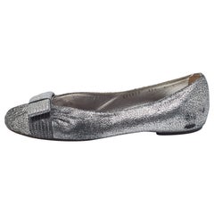 Salvatore Ferragamo Metallic Silver Suede Bow Ballet Flats Size 39.5