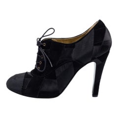 Chanel Black Suede and Satin Patchwork Lace-Up CC Cap Toe Ankle Booties Size 41