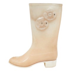 Chanel Cream Glitter Rubber CC Camellia Rain Boots Size 41