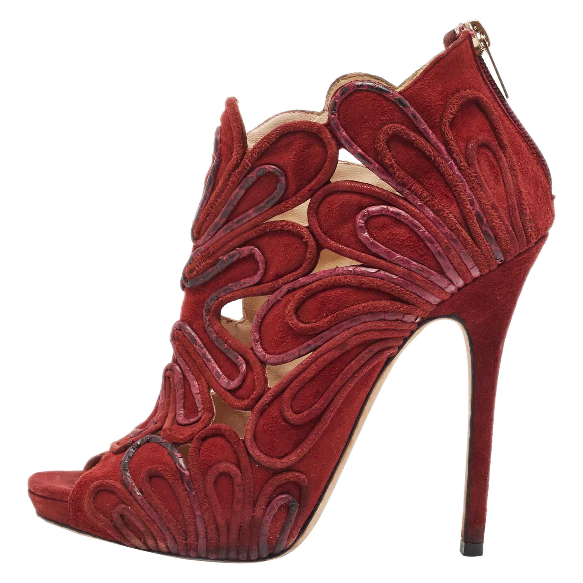 Jimmy Choo Burgundy Suede Floral Cut Out Peep Toe Ankle Booties Size 38 For Sale