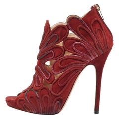 Jimmy Choo Burgundy Suede Floral Cut Out Peep Toe Ankle Booties Size 38