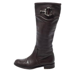 Used Gucci Dark Brown Leather Horsebit Calf Length Boots Size 38.5