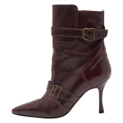 Manolo Blahnik Burgundy Leather Ankle Boots Size 37.5