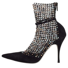 Rene Caovilla Black Suede & Mesh Crystal Galaxia Toe Ankle Strap Booties