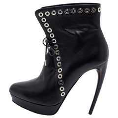 Alexander McQueen Black Leather Eyelet Detail Platform Ankle Booties Size 36