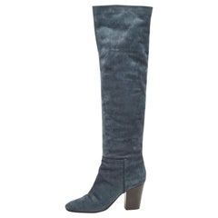 Giuseppe Zanotti Navy Blue Nubuck Leather Block Heel Knee Boots Size 41