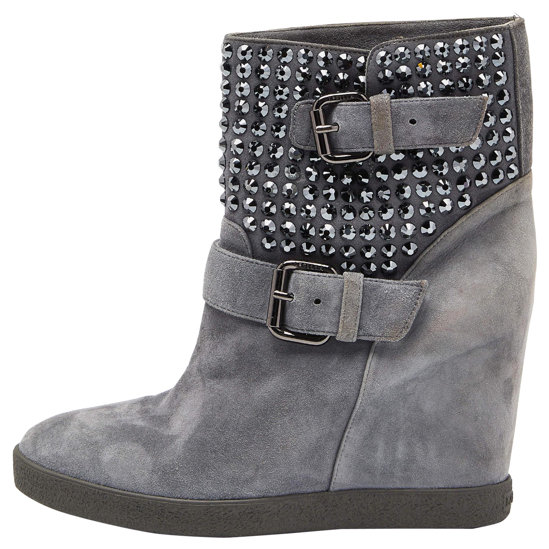 Le Silla Grey Suede Crystal Embellished Wedge Ankle Boots Size 38 For Sale