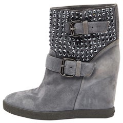 Le Silla Grey Suede Crystal Embellished Wedge Ankle Boots Size 38