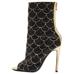 Bottines peep toes en toile et cuir noir/doré Balmain Taille 36