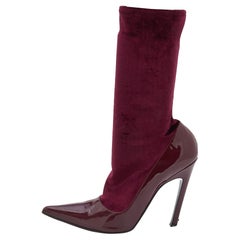 Balenciaga Burgundy Patent Leather And Velvet Knife Stretch Sock Boots Size 39