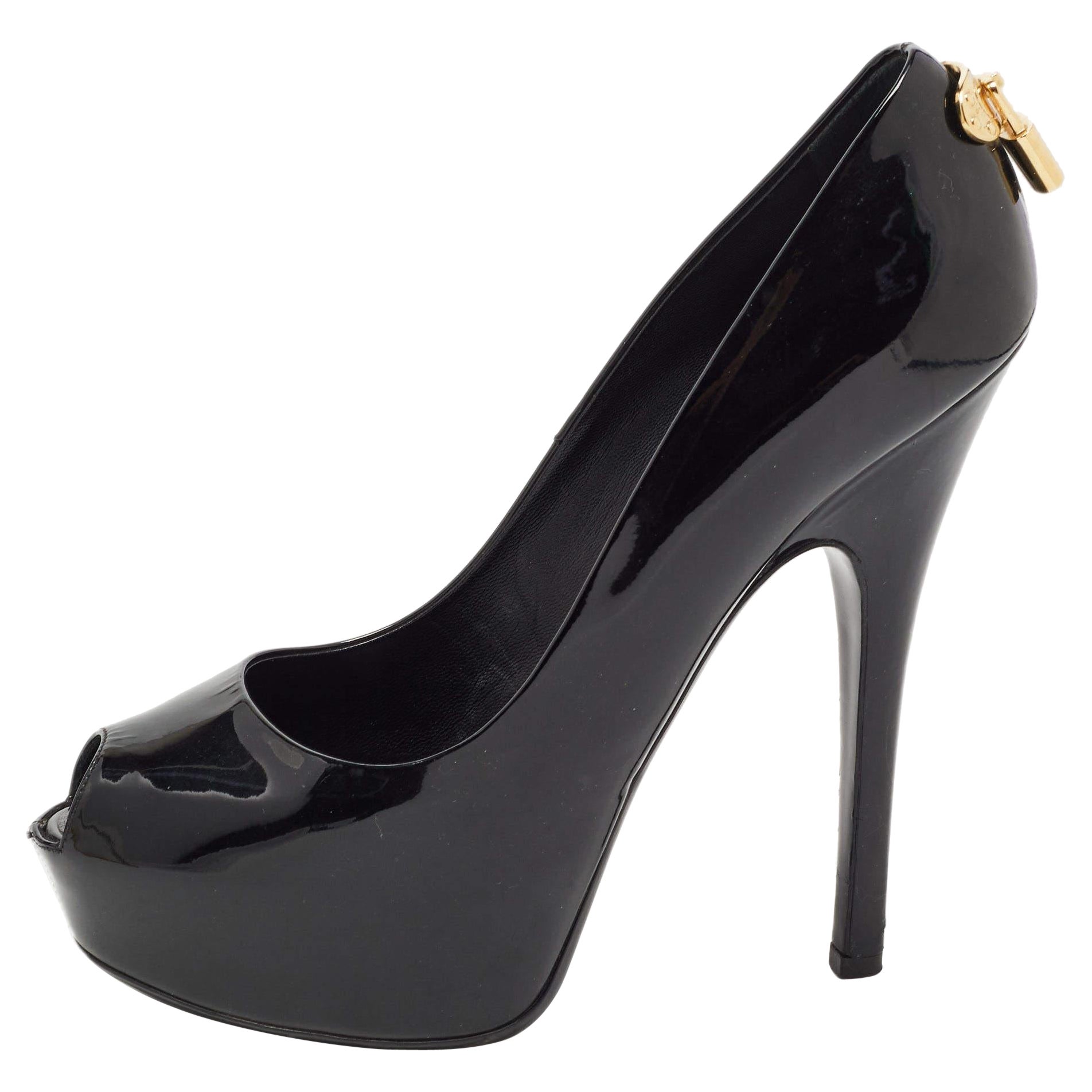 Louis Vuitton Black Patent Leather Oh Really! Platform Peep Toe Pumps Size 39.5 For Sale