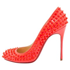 Christian Louboutin Neon Orange Patent Leather Fifi Spikes Pumps Size 39