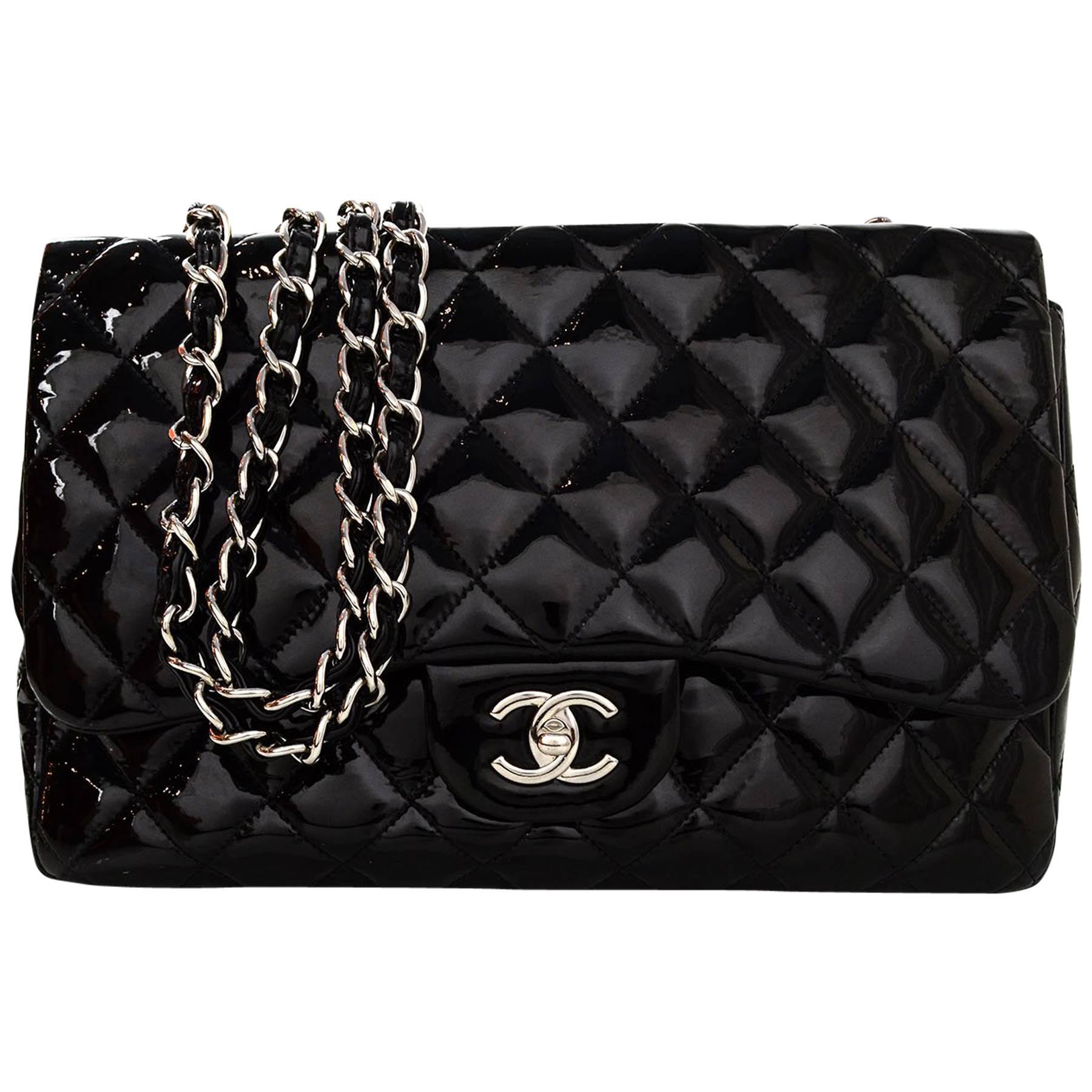 Chanel Black Quilted Patent Single Flap Jumbo Classic Flap Bag