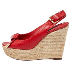 Louis Vuitton Red Leather Bow Open Toe Espadrille Wedge Platform Pumps Size 37