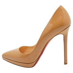 Used Christian Louboutin Beige Patent Leather Pigalle Plato Pumps Size 38