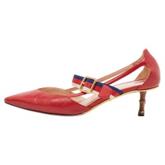 Gucci Red Leather Sylvie Buckle Pointed Toe Pumps Size 38