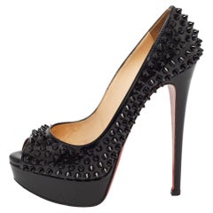 Christian Louboutin Black Patent Leather Lady Peep Spikes Pumps Size 36.5