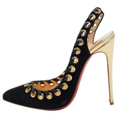 Christian Louboutin Black Suede and Leather  Whipstitch  Slingback Pumps Size 38