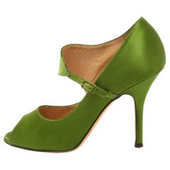 Manolo Blahnik Green Satin Mary Jane Peep Toe Pumps Size 37.5