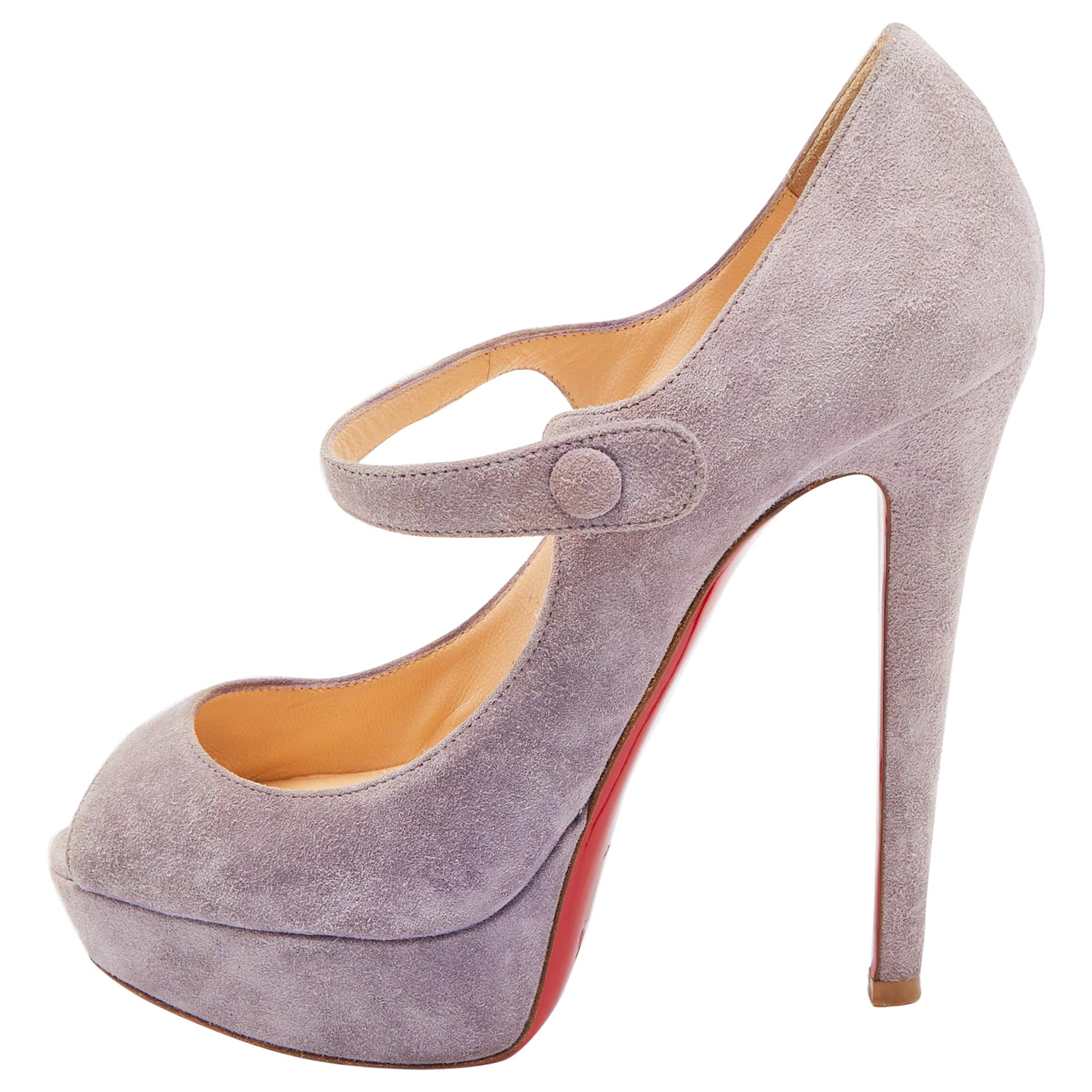 Christian Louboutin Purple Suede Zeppa Peep Toe Mary Jane Pumps Size 37 For Sale