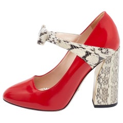 Gucci Red/Beige Watersnake and Glossy Leather Nimue Bow Pumps Size 38