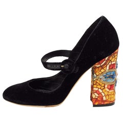 Dolce & Gabbana Black Velvet Crystal Printed Block Heel Mary Jane Pumps Size 40