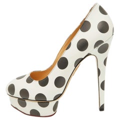 Charlotte Olympia White/Black Polka Dot Print Leather Dolly Platform Size 40