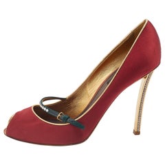 Louis Vuitton Red Satin Crystal Embellished Mary Jane Peep Toe Pumps Size 38.5