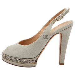 Chanel Grey Canvas CC Chain Link Platform Peep Toe Slingback Pumps Size 37.5