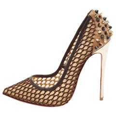 Christian Louboutin Black/Brown Lace and Spiked Leather Guni Pumps Size 37.5