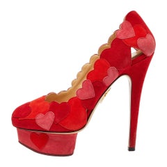 Charlotte Olympia Red/Pink Suede Love Me Heart Appliqued Dolly Pumps Size 36.5