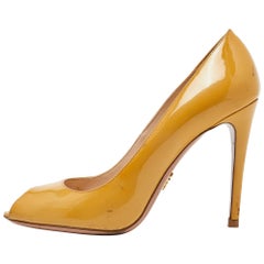 Prada Mustard Patent Leather Peep Toe Pumps Size 38.5