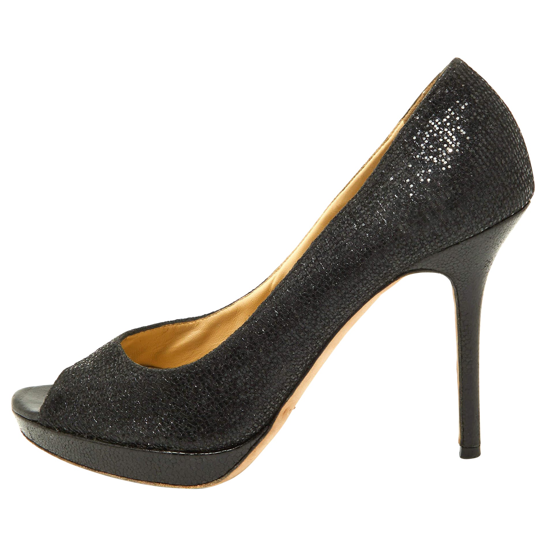 Jimmy Choo Black Glitter Fabric and Leather Luna Platform Pumps Size 39 For Sale