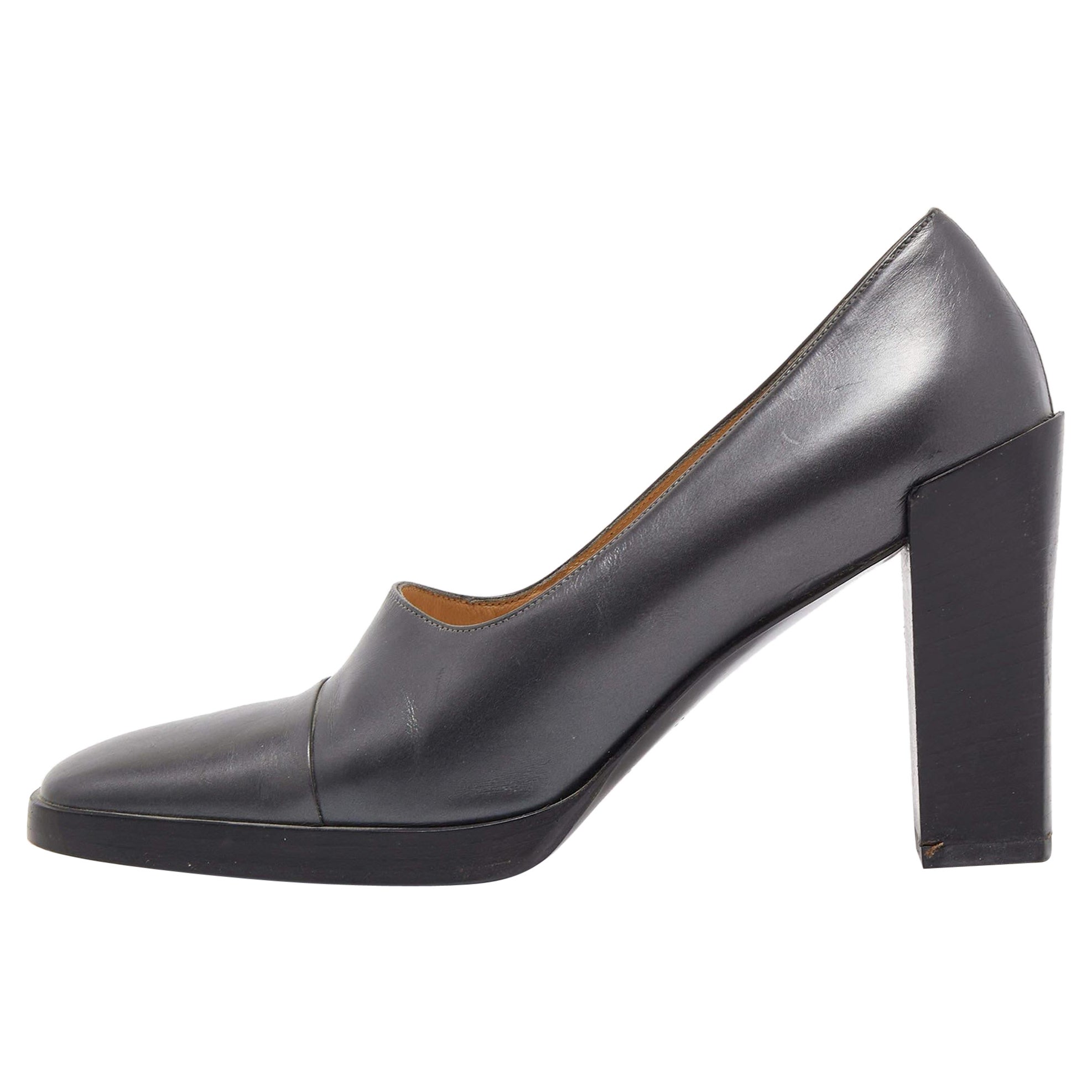 Gucci Gris Oscuro Cuero Punta Cuadrada Plataforma Bombas Tamaño 37 en venta