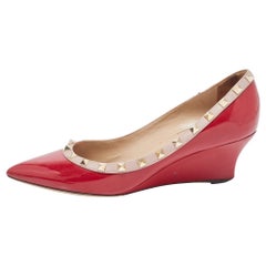 Valentino Red/Beige Patent and Leather Wedge Rockstud Pumps Size 39