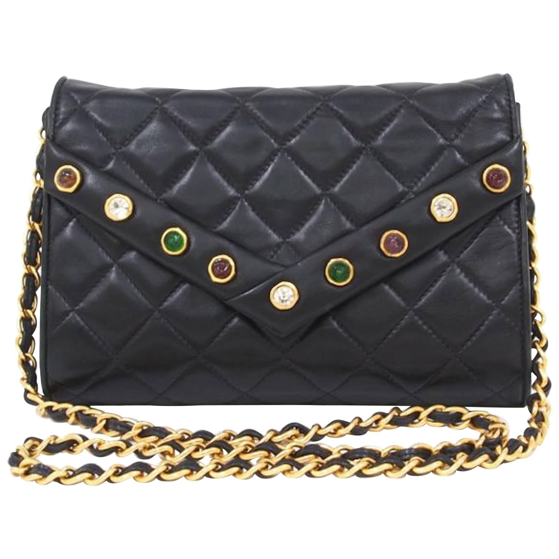 Chanel Vintage Rare Black Lambskin Multi Color Gripoix Evening Clutch Flap Bag
