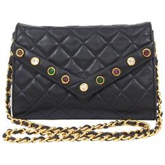 Chanel Vintage Rare Black Lambskin Multi Color Gripoix Evening Clutch Flap Bag