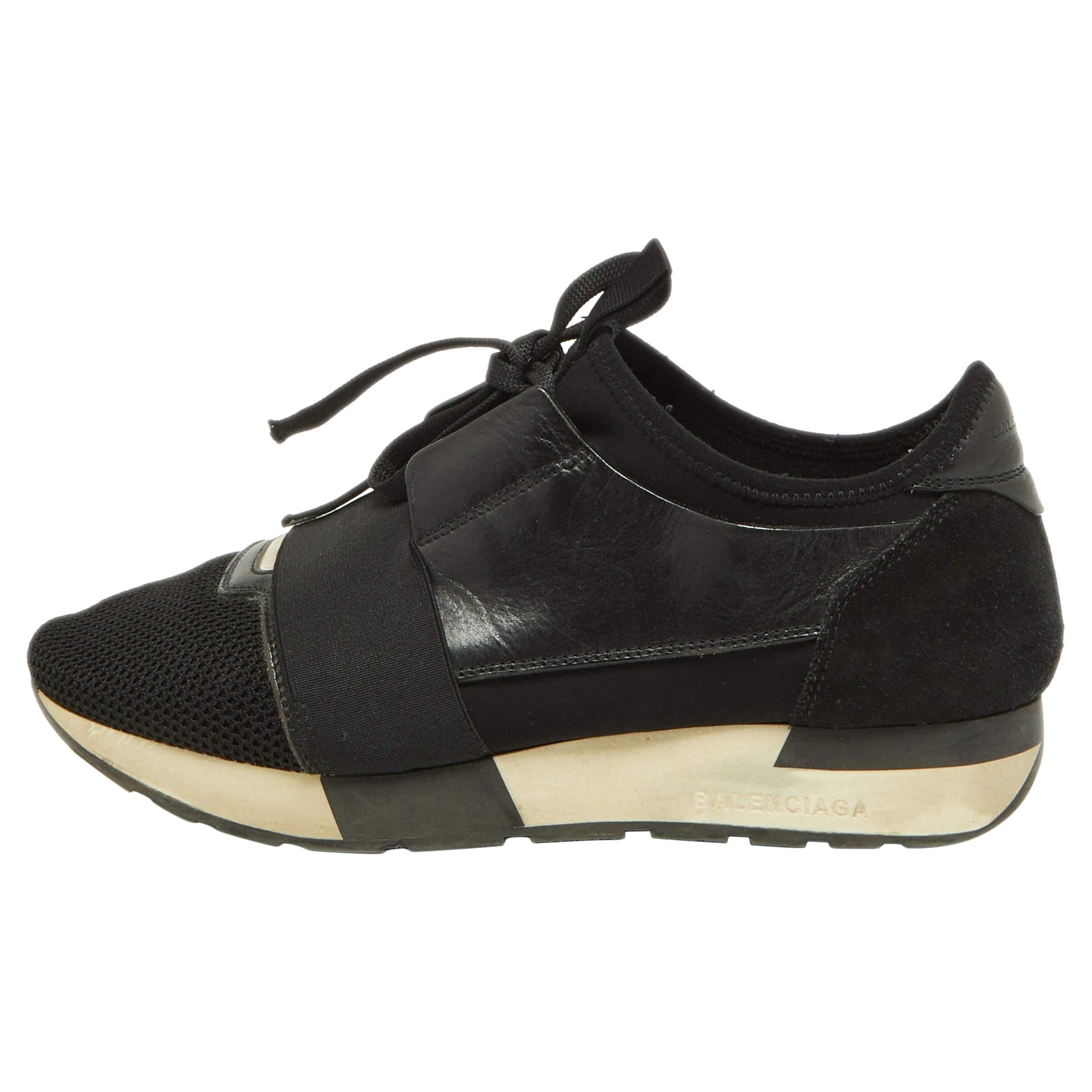 Balenciaga Black Leather Suede and Mesh Race Runner Sneakers Size 39 For Sale