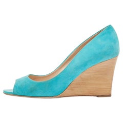 Tod's Blue Suede Peep Toe Wedge Pumps Size 40