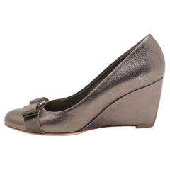 Salvatore Ferragamo Metallic Leather Vara Bow Wedge Pumps Size 38