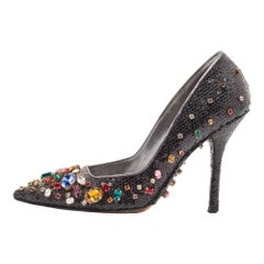 Dolce & Gabbana Black Sequins and Leather Trim Crystal Embellished Pumps Size 37