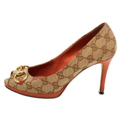 Gucci Brown/Beige GG Canvas New Hollywood Peep Toe Pumps Size 37.5