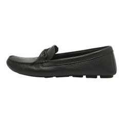Prada Black Leather Logo Embellished Bow Slip On Loafers Size 38.5