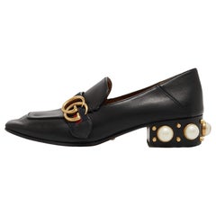 Gucci Black Leather Pearl Embellished Double G Web Mid Heel Loafers Size 37
