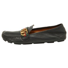 Gucci Black Leather GG Marmont Web Driver Slip On Loafers Size 43